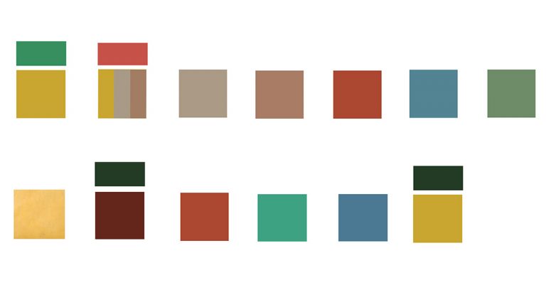 تصویر ۴: پالت رنگهای استفاده شده در بافت تاریخی (ردیف بالا) و بناهای یادمانی (ردیف پایین)، منبع: نگارنده
